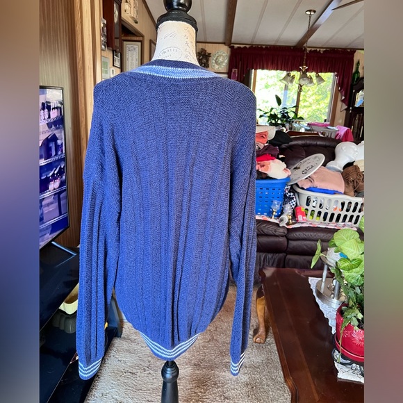Vintage 1991 Jantzen Knit Navy Blue striped Mens Made In USA Pullover Cardigan. - Picture 8 of 16